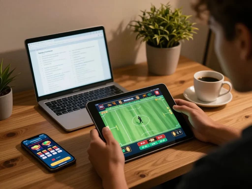 Person engaging in sports betting at home with xo88 app on tablet and strategy notes.