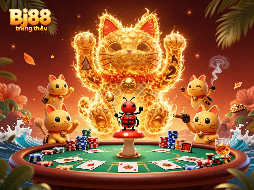 Bj88 trang chủ showcases a vibrant scene with gaming elements and a giant lucky cat formed by golden fireflies.