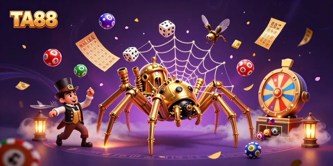Engage with TA88's dynamic betting environment featuring colorful lottery balls and a steampunk spider.