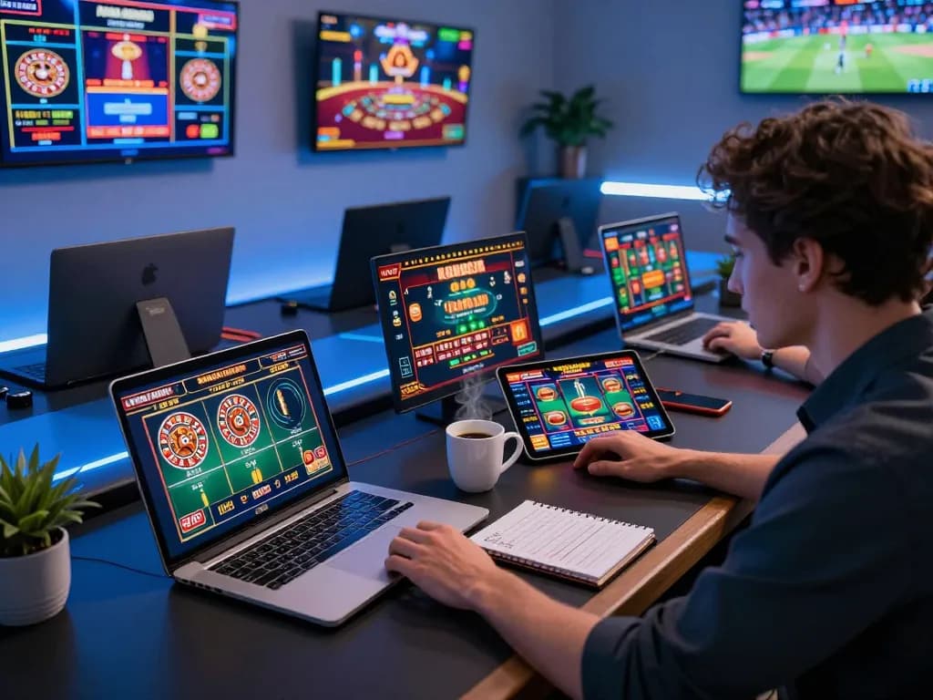 Engaging online gaming scene showing RUANGWD interfaces on multiple screens with strategic notes.