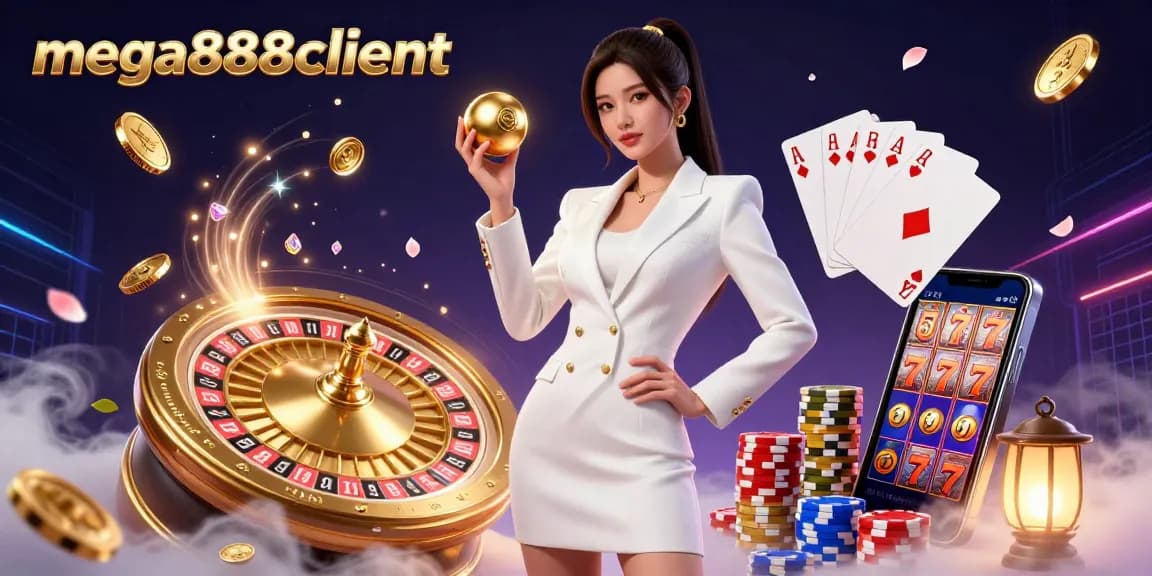Experience mega888client with our vibrant casino-themed illustration featuring dynamic gaming elements.
