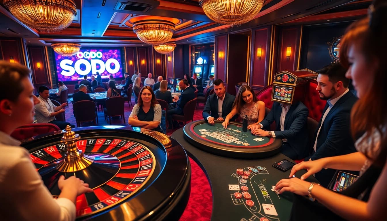 Experience the thrill of SODO66 with gamblers enjoying poker and roulette in a luxurious casino.