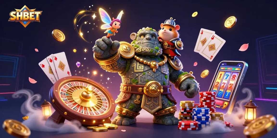 Experience the excitement of SHBET's online casino with dynamic 3D characters and vibrant gaming elements.