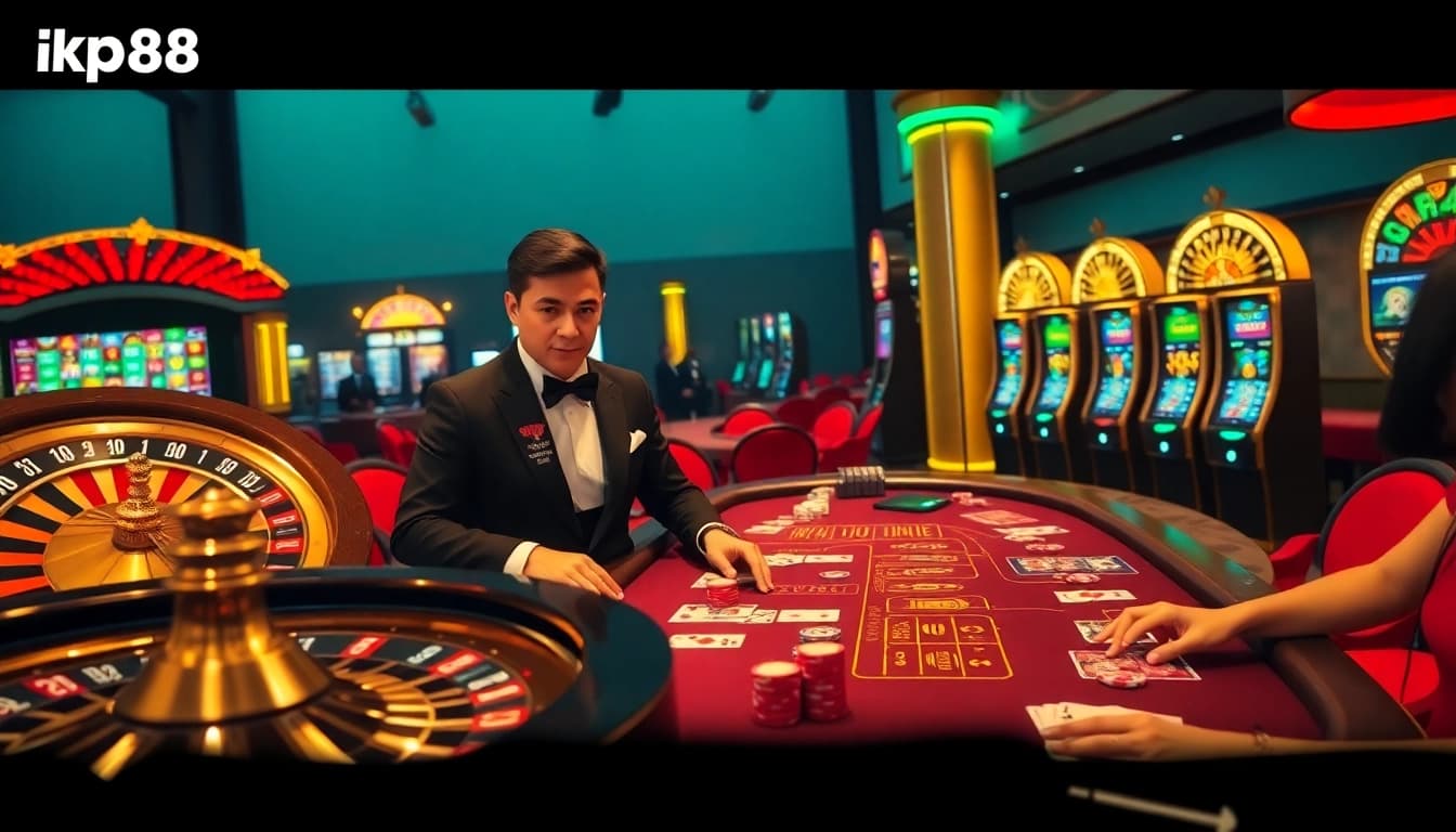 Players enjoying a thrilling game of kp88 with a professional dealer at a vibrant casino table.