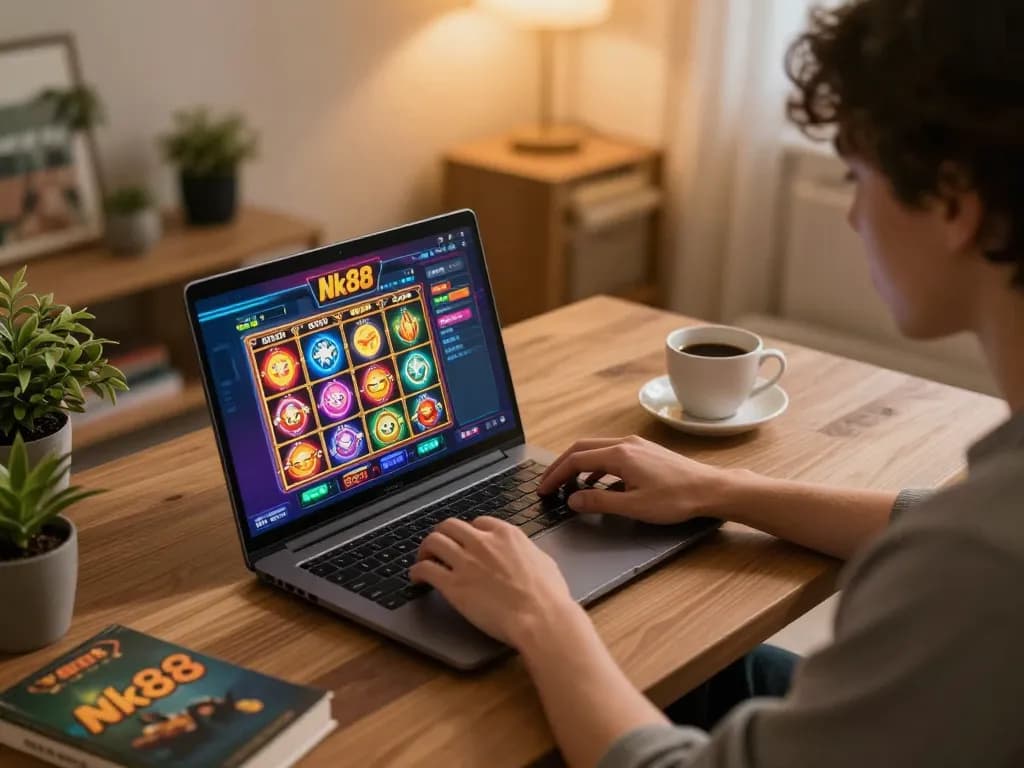 Nk88 player enjoying an online slot game at home with vibrant graphics and a cozy setup.