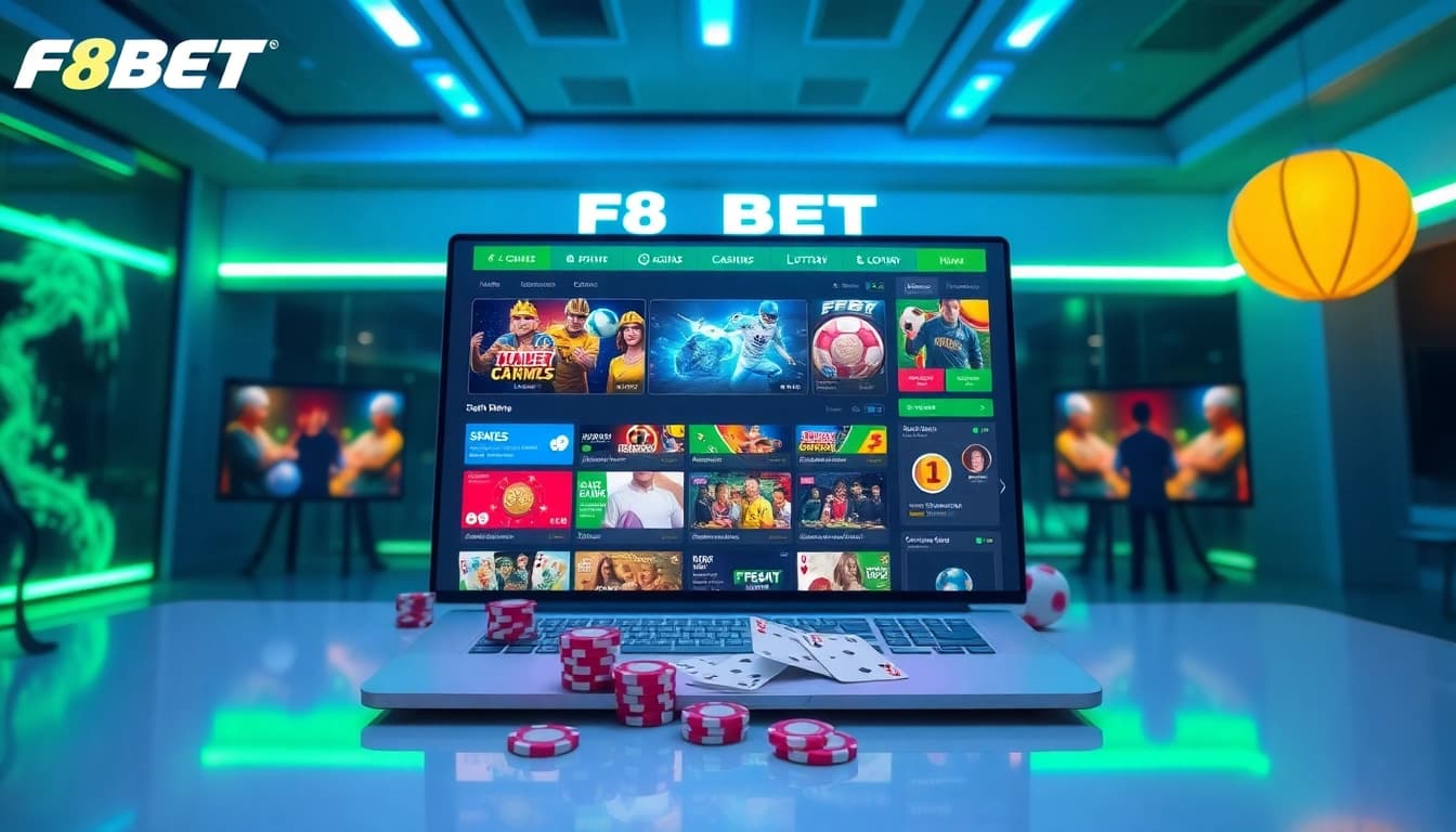 F8BET trang chủ showcasing a dynamic online gaming interface with vibrant colors and engaging elements.