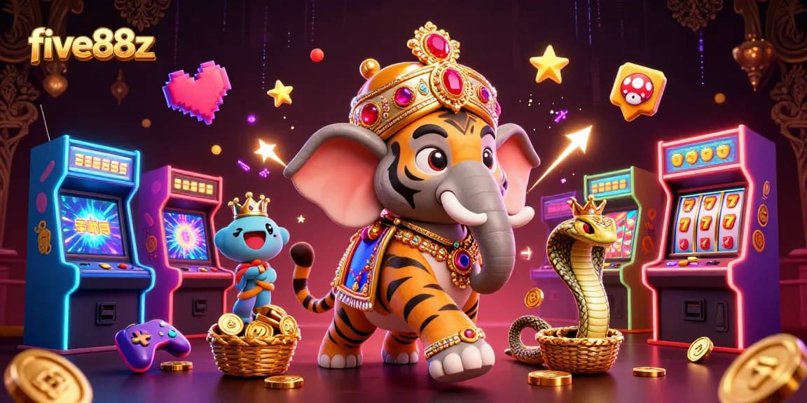 Experience five88z with a vibrant 3D illustration featuring a maharaja tiger on an elephant amid dynamic casino elements.
