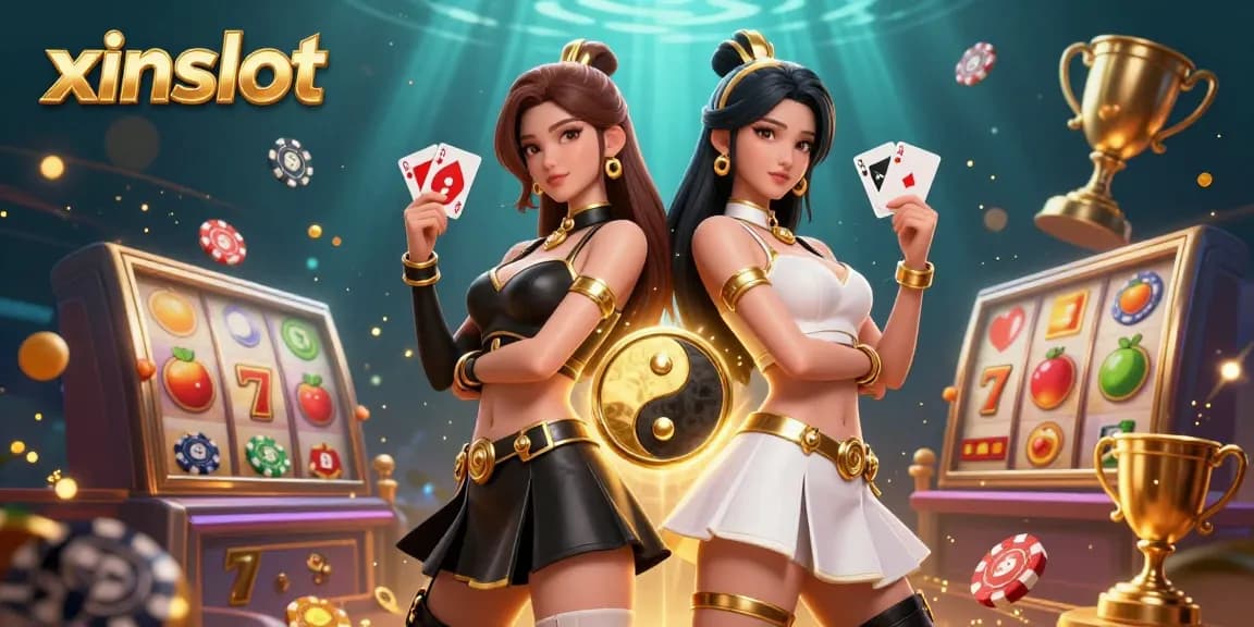 XINSLOT showcases twin Asian women in a dynamic casino illustration, holding playing cards against a vibrant backdrop.