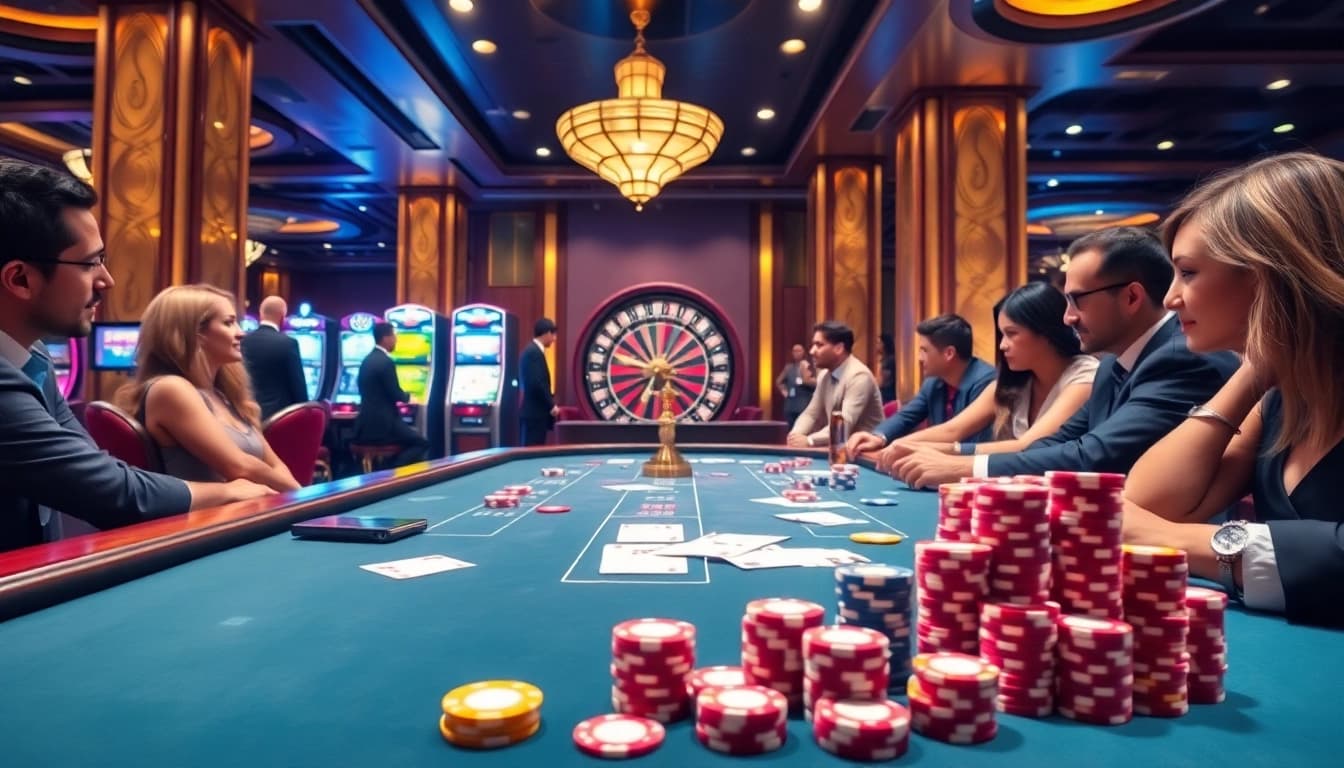 A vibrant casino scene highlighting players engaged at https://13win1.cn.com/ poker tables, surrounded by roulette wheels and slot machines.