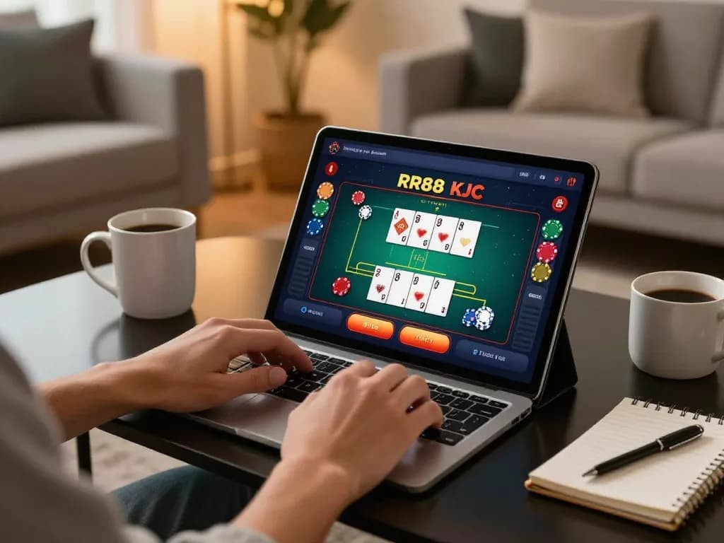Engaging scene of a user playing RR88 KJC on a tablet, showcasing a dynamic blackjack game in cozy living room.