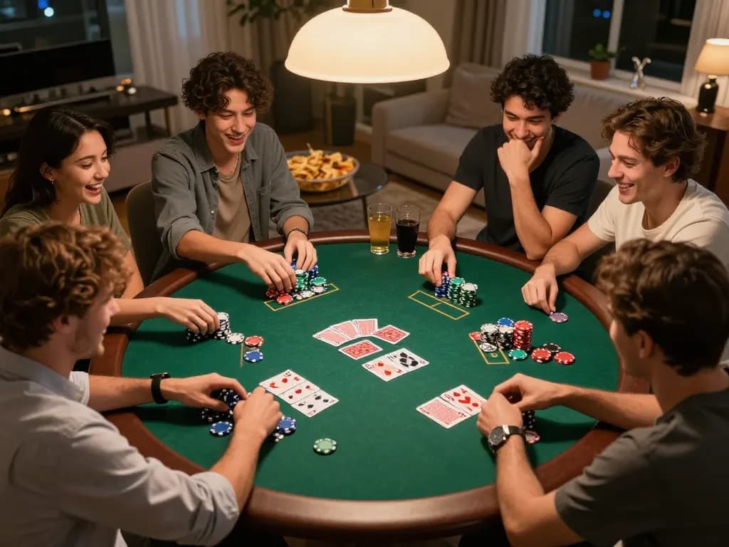 Friends enjoying a thrilling poker game night at home, showcasing strategy and excitement in RIK VIP.