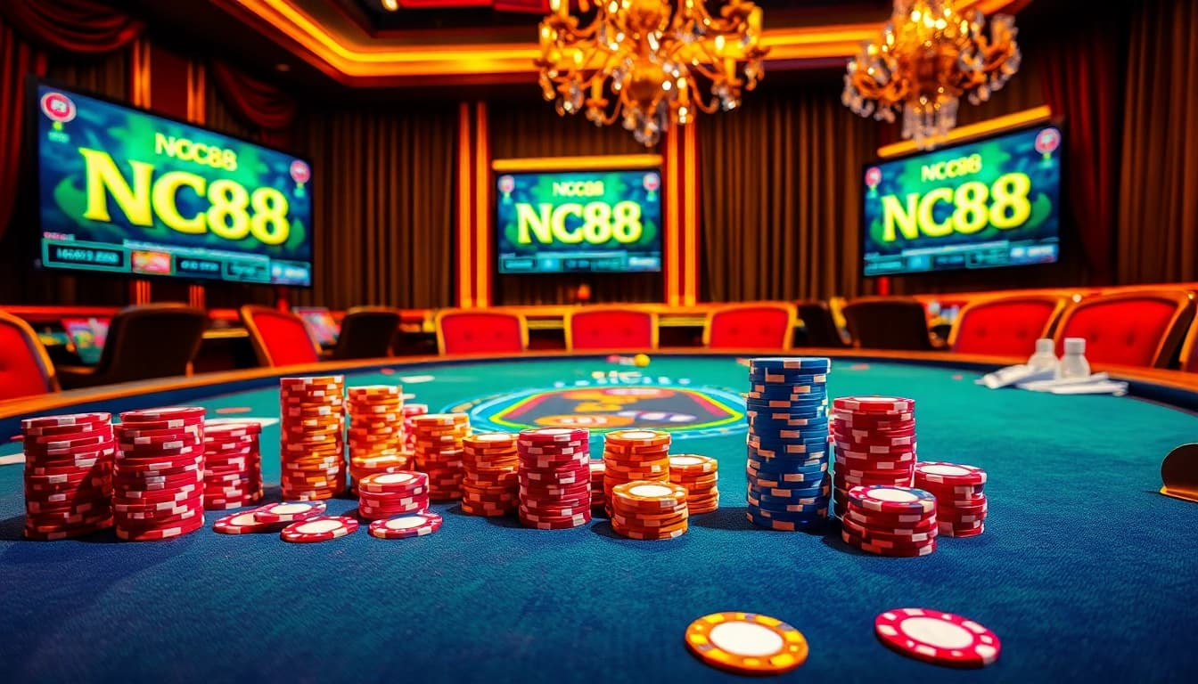 Experience thrilling gameplay at Nc88 with vibrant poker tables and colorful chips in a luxury casino setting.
