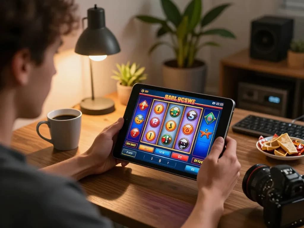 Player engaging with TR88 mobile casino app on tablet, showcasing vibrant slot game excitement.