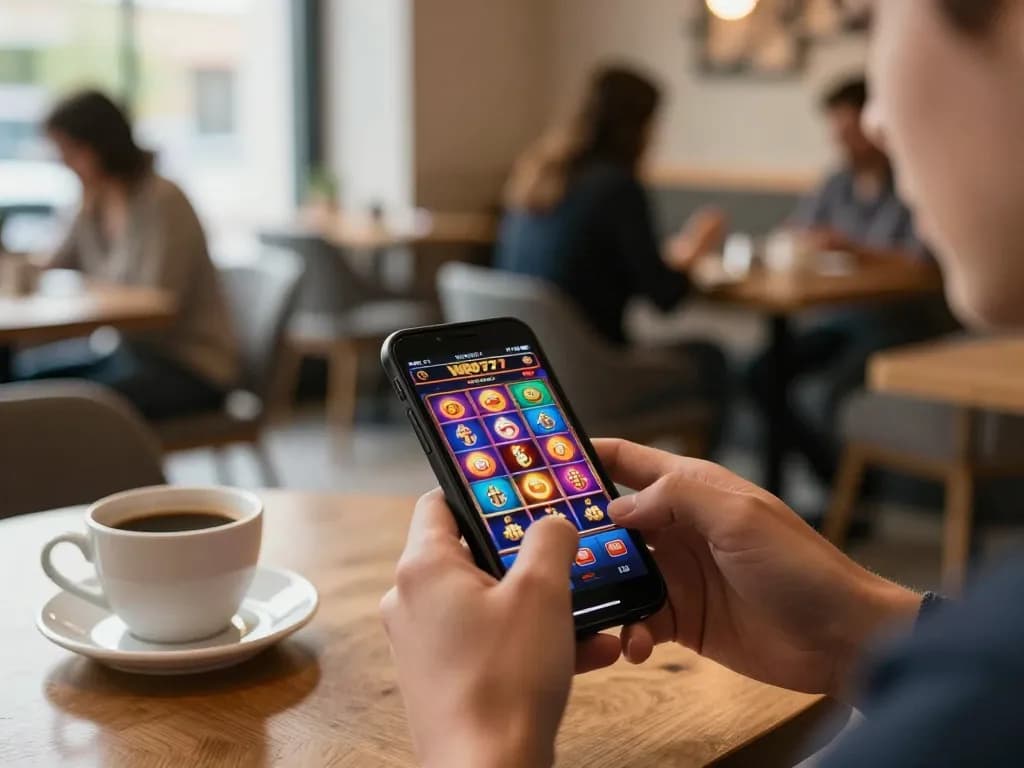 Pemain menikmati aplikasi WBO77 di smartphone di kafe yang nyaman, menampilkan grafik permainan slot yang berwarna-warni.