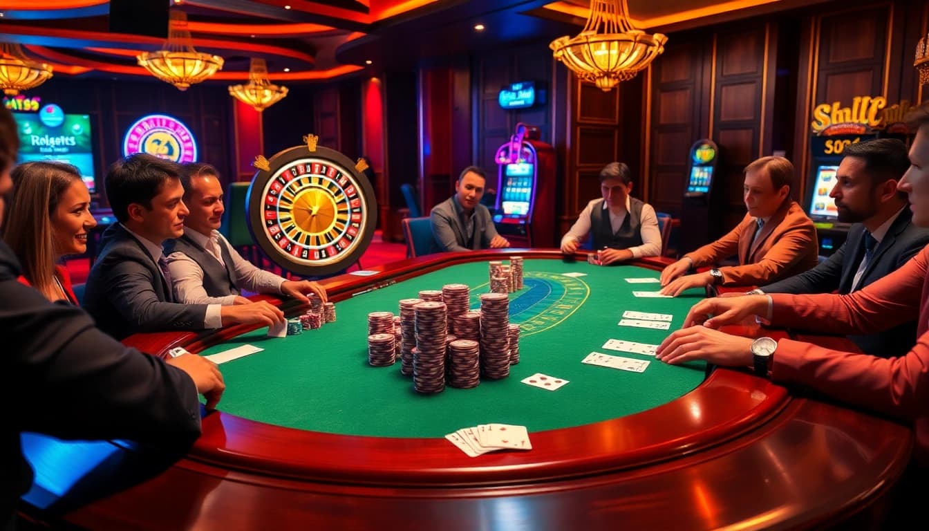 Experience high-stakes excitement at a professional poker table at https://ga888v.net/, with vibrant colors and dynamic action.