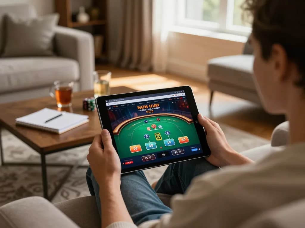 Engaging gameplay at non UK casinos on tablet in a cozy home setting with notes and drinks.