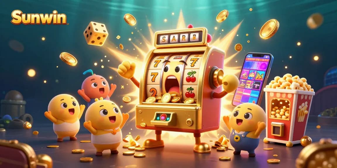 Experience the excitement of Sunwin as the golden slot machine hits a jackpot surrounded by festive casino elements