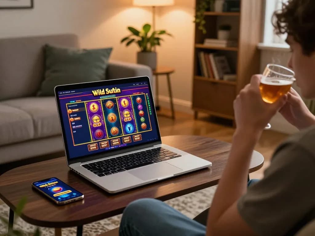 Engaging with Wild Sultan gaming on a laptop at home, showcasing vibrant slots and immersive play.