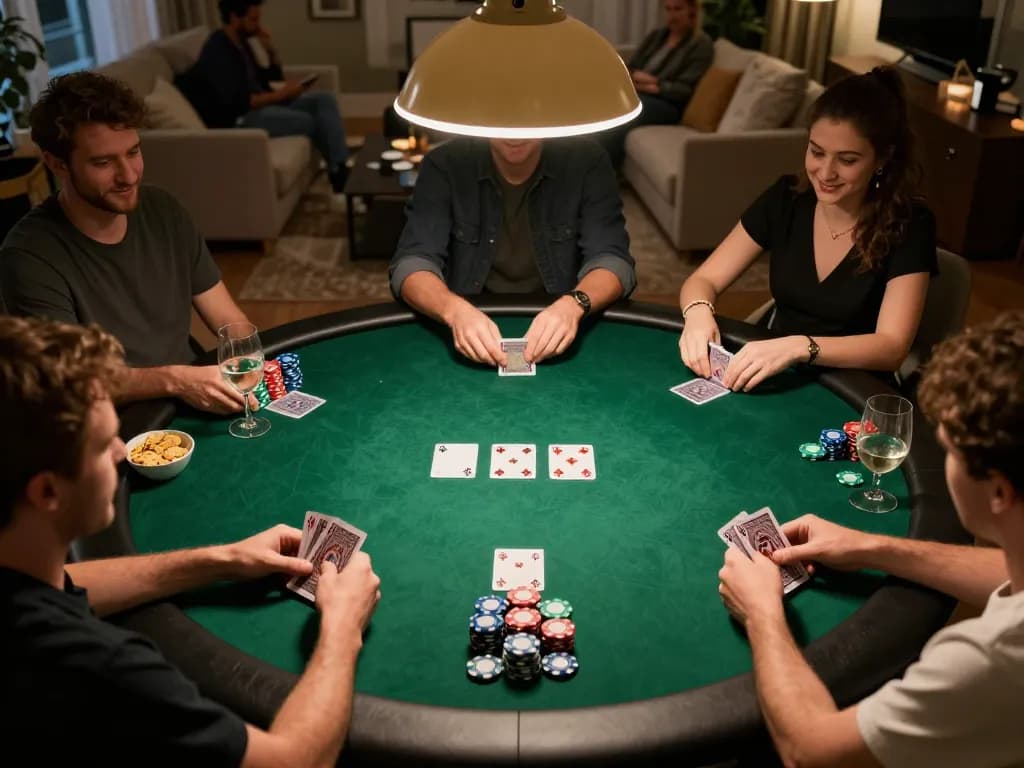 Players strategizing poker during an engaging home game night with lclc88 branding