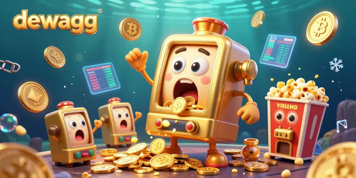Dewagg displays a cartoon slot machine celebrating a big win with coins pouring out, amidst a fun casino atmosphere.