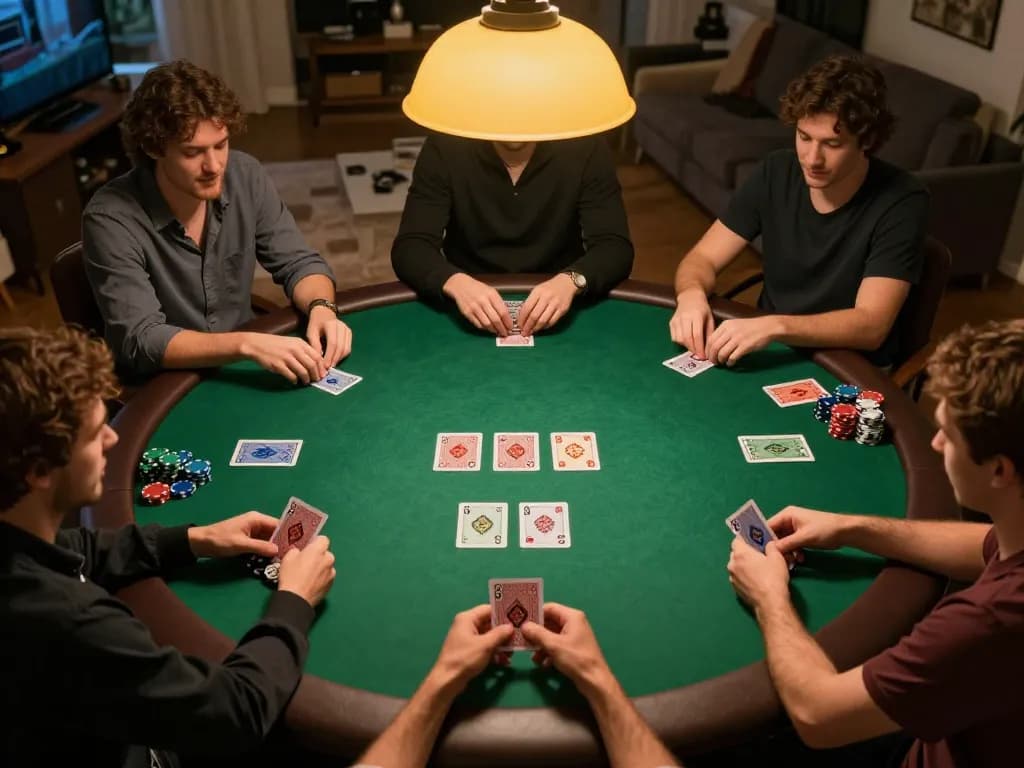 Players strategizing at a poker game, experiencing 99Win quality gameplay at a cozy home game night.