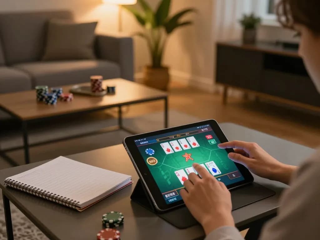 Engaging in online gambling at home using SC88 platform on a tablet amidst cozy living room