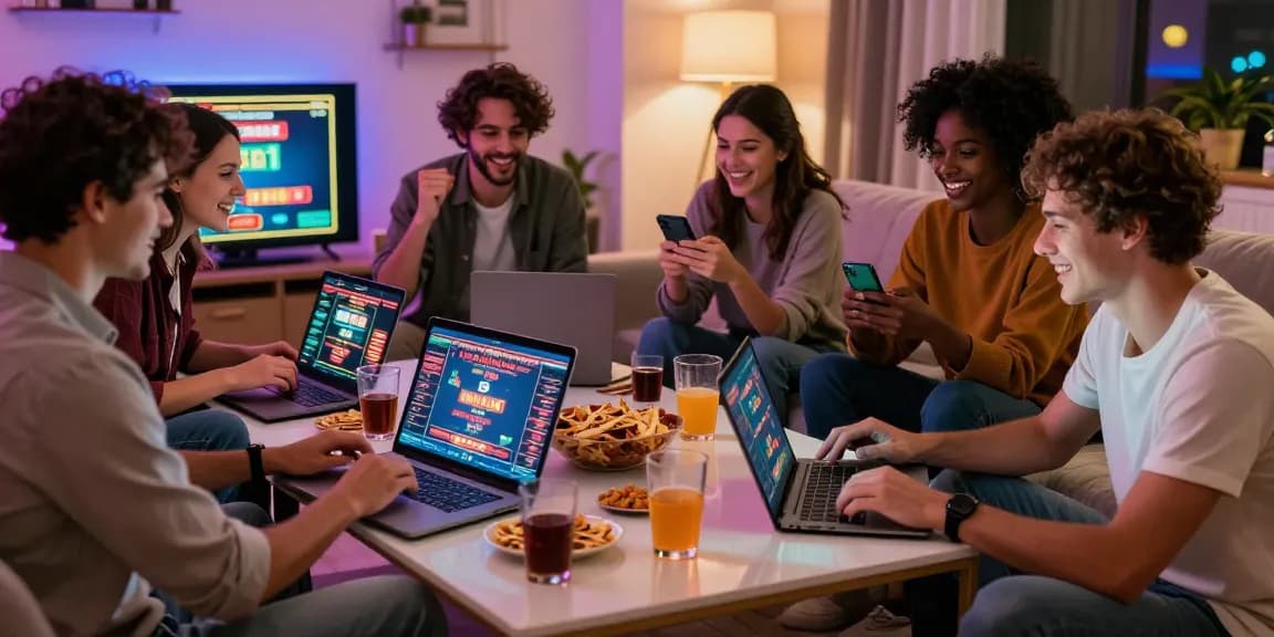 Friends engaging in online gaming from https://dea.org.uk, enjoying credit card casinos with snacks and drinks.
