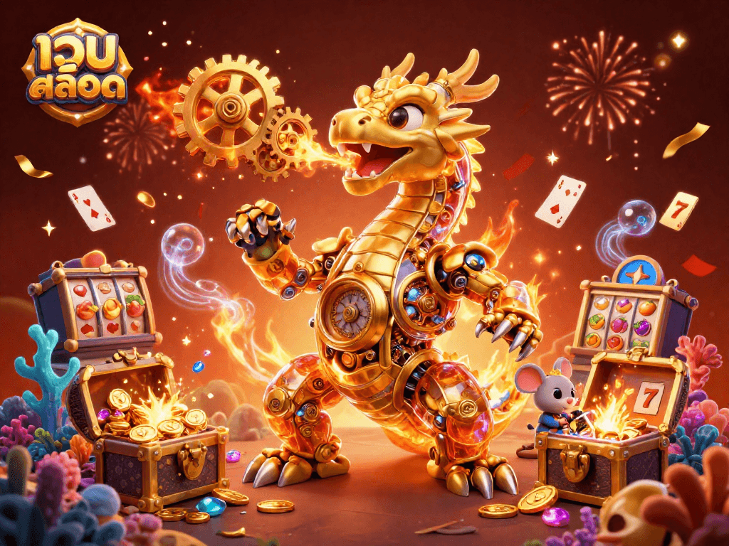 Experience thrilling เว็บสล็อต action with a golden dragon and dynamic slot elements amid rich visuals.