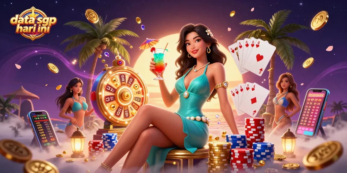 Experience the thrill of data sgp hari ini with an exciting tropical casino illustration featuring vibrant colors and dynamic game elements.