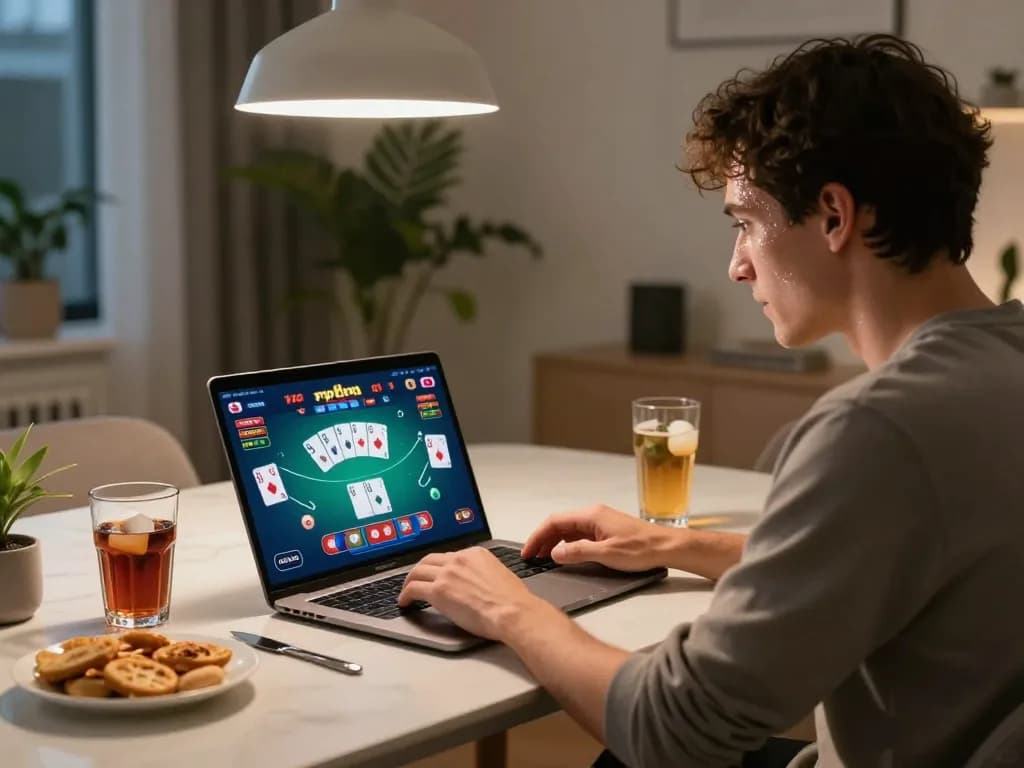 Engaging gameplay on non Gamstop casinos online, showcasing poker strategy and cozy home setting.