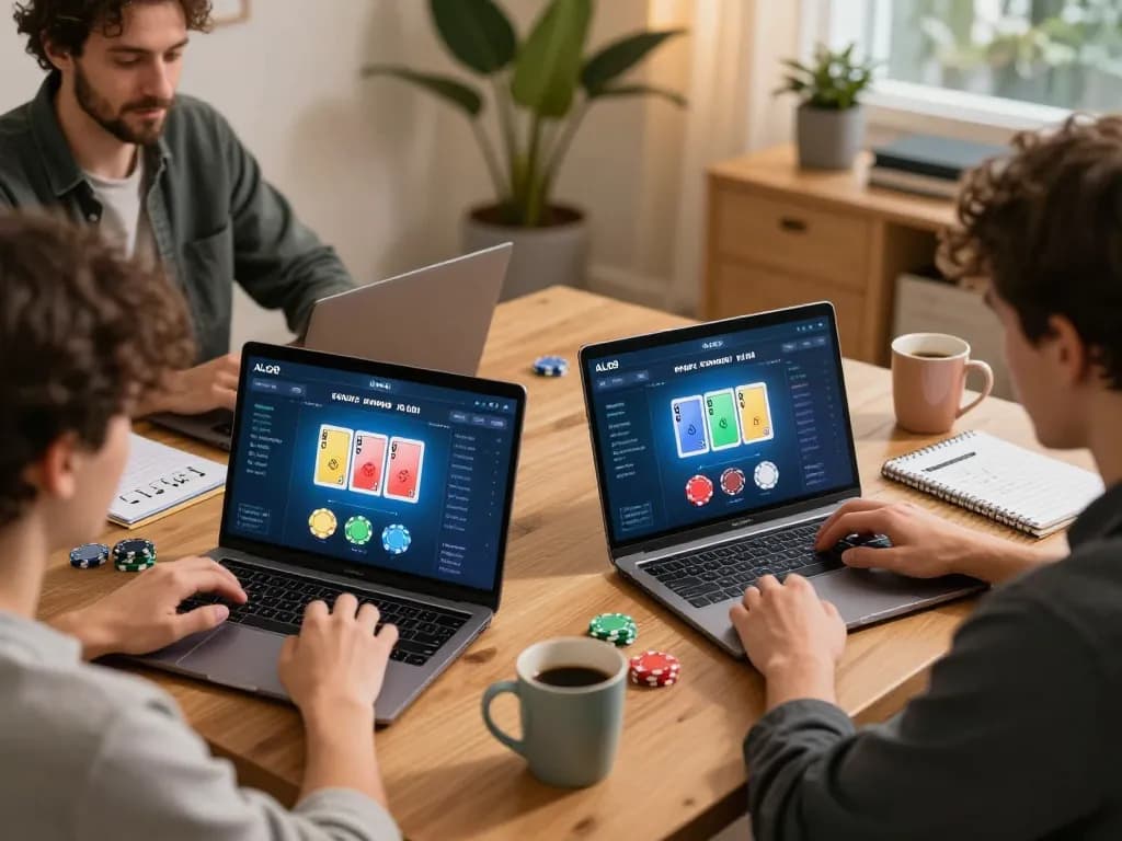 Experience ALO8 Live as players strategize during an online poker game in a cozy home setting.