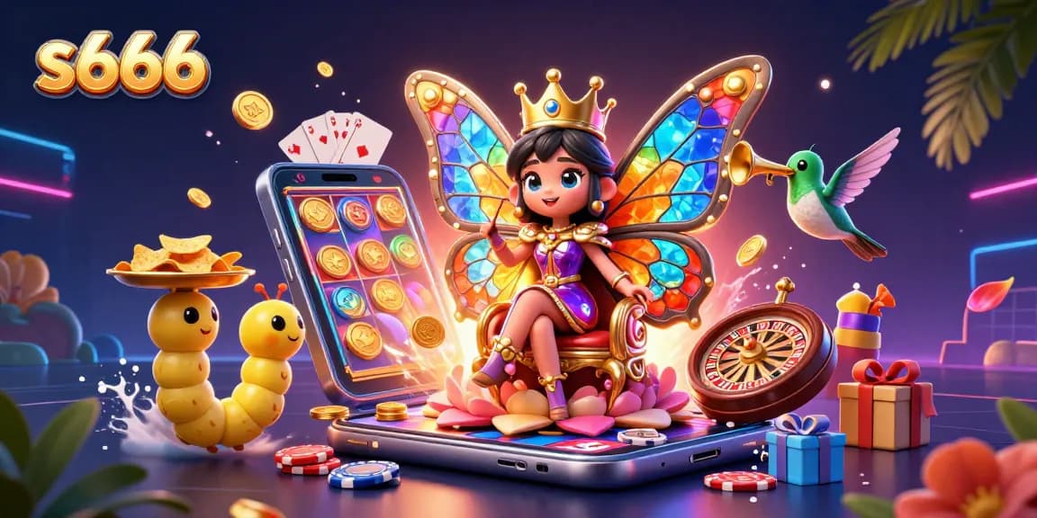 S666 gaming scene with a butterfly queen, chips, and dynamic slot elements creating excitement in a vibrant illustration