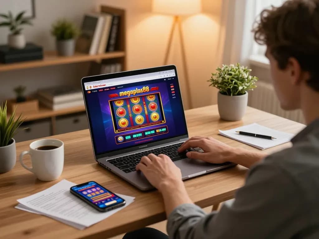 Engaged player exploring megaplus88 online casino games from a cozy home setup, highlighting modern gambling convenience.