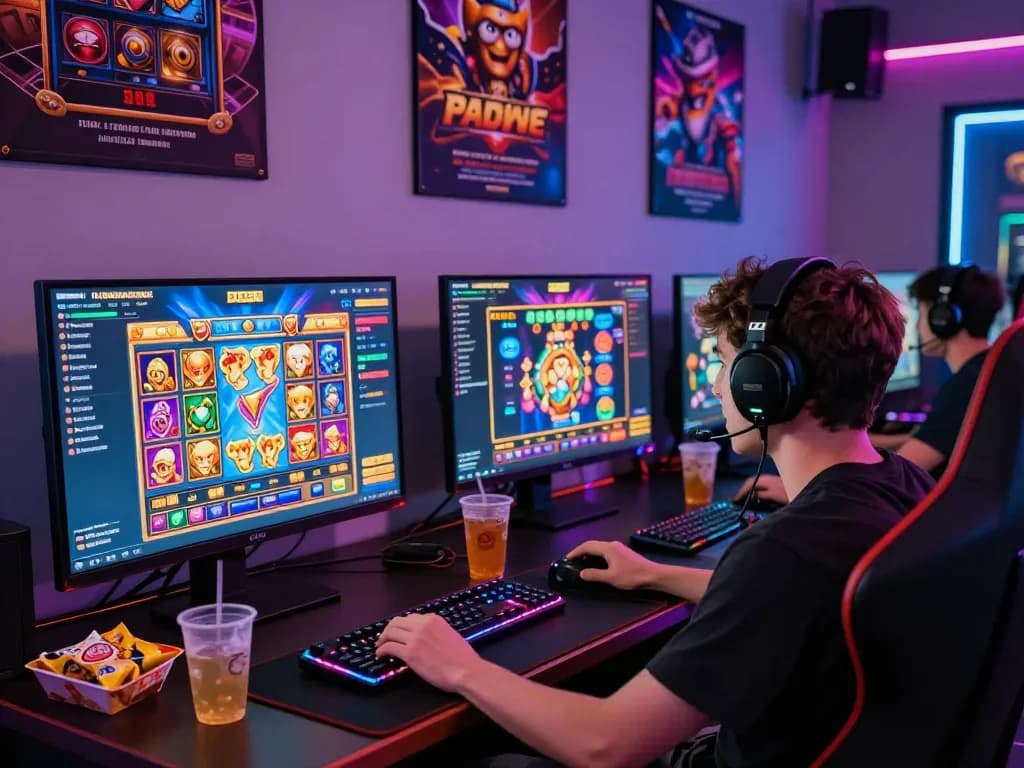 Scene permainan online yang menarik dengan antarmuka daftar slot danamax777 dan aksesori yang berwarna-warni.
