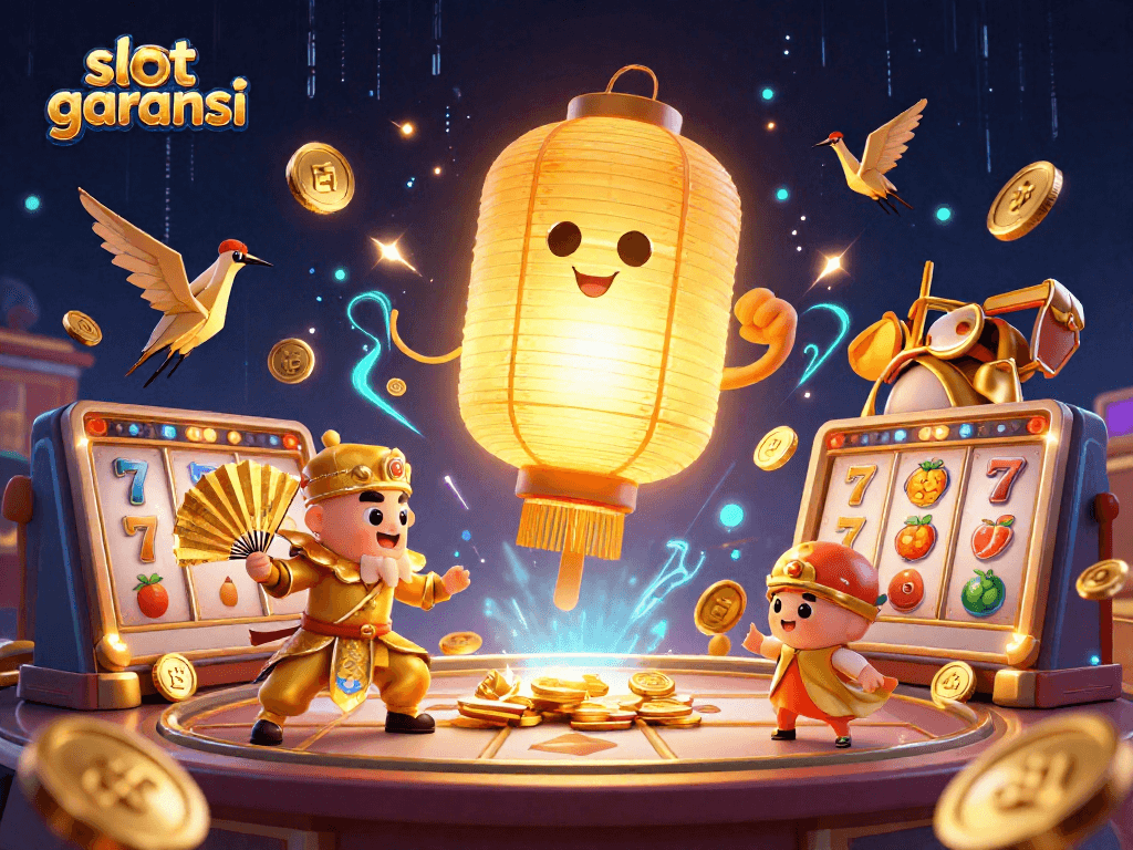 Experience the thrill of slot garansi with dynamic characters and vibrant elements hovering in a casino atmosphere.