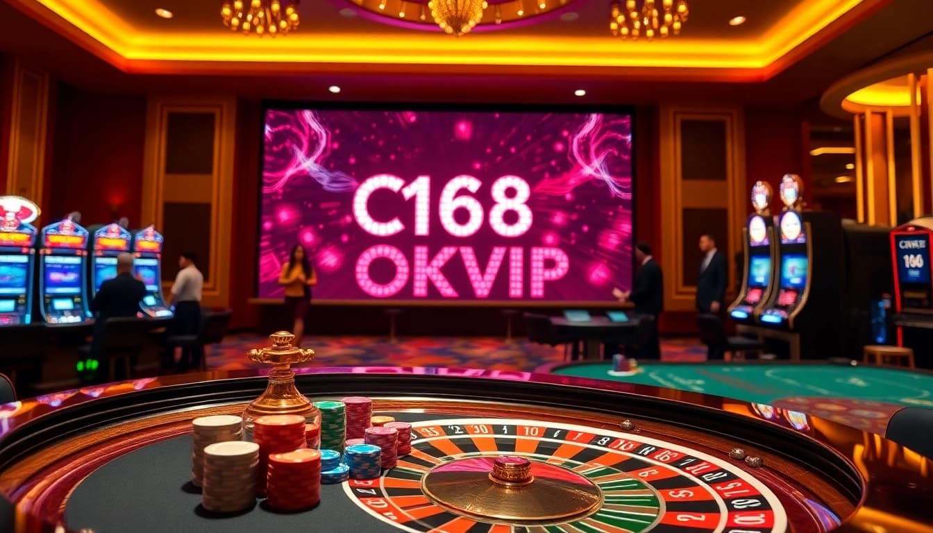 C168 OKVIP offers an exciting casino experience with vibrant slot machines and a lively poker table.