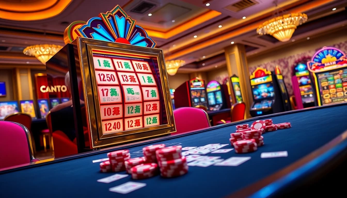 Engaging Slot Mahjong gameplay in a luxurious casino setting with vibrant colors and excitement.