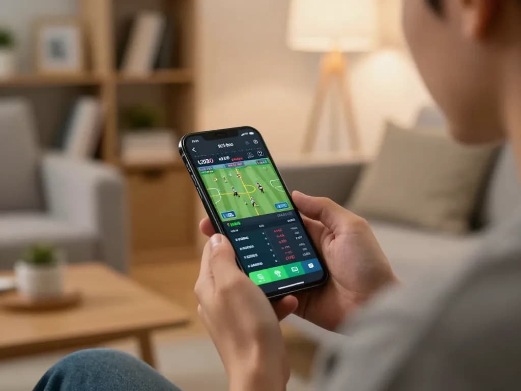 Soi keo updates being checked on a smartphone during sports betting in a cozy home setting