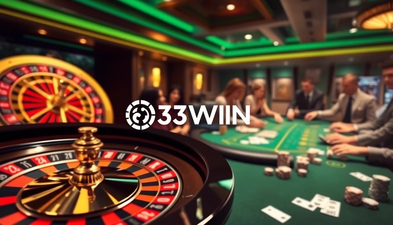 Experience the thrilling atmosphere of 33WIN with intense casino gameplay featuring roulette and poker tables.