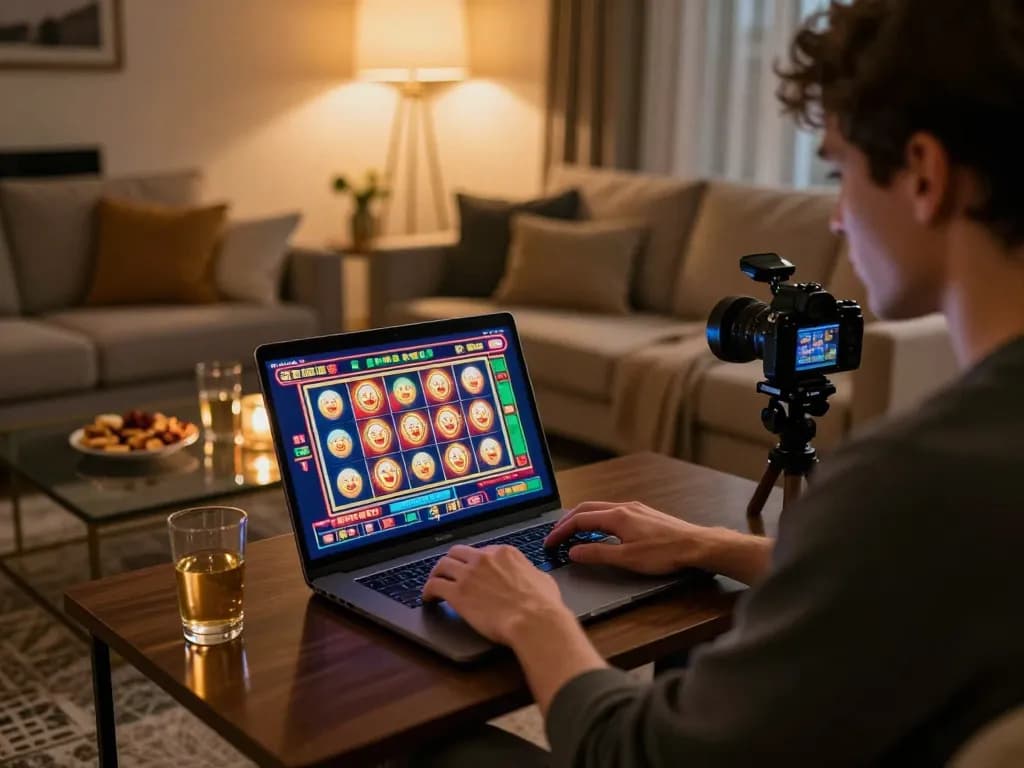 Engaging online gaming experience with 888vi slots on a laptop in a cozy living room setting