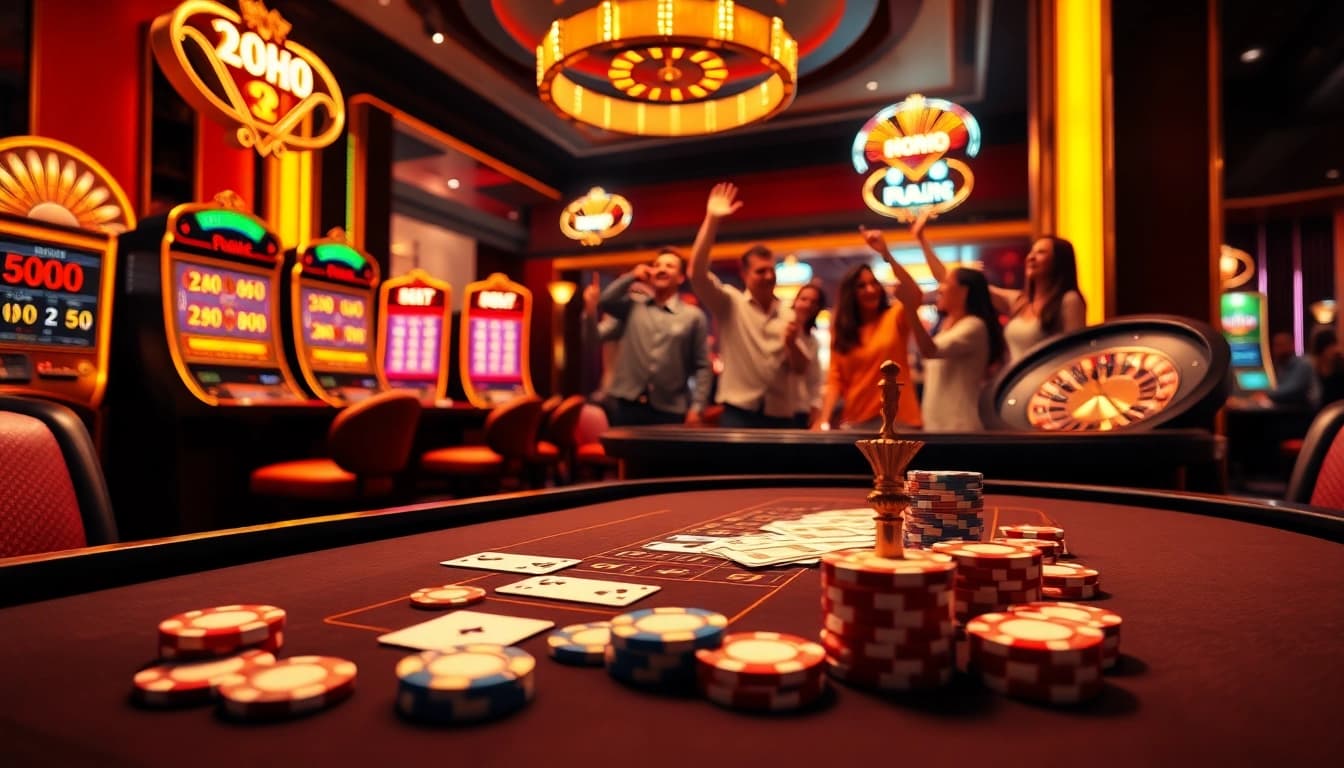 Experience thrilling gaming action at Luckywin com with vibrant casino tables and slot machines.
