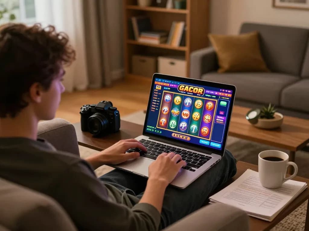 Engaging in a slot gacor game on a laptop during a cozy home session.