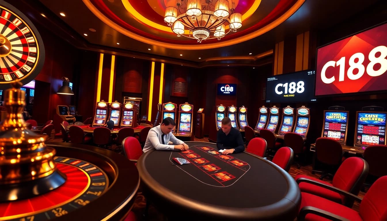 C168 casino scene with poker table and vibrant slot machines, showcasing excitement and luxury.