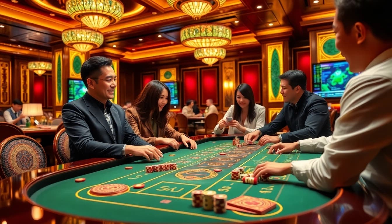 Players enjoying game tài xỉu md5 at a luxury casino table surrounded by vibrant colors and excitement.
