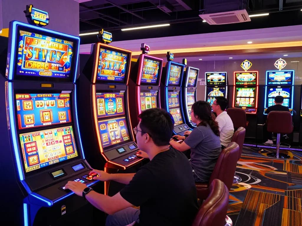 Engaged players testing their luck at popular situs slot machines in a vibrant casino setting