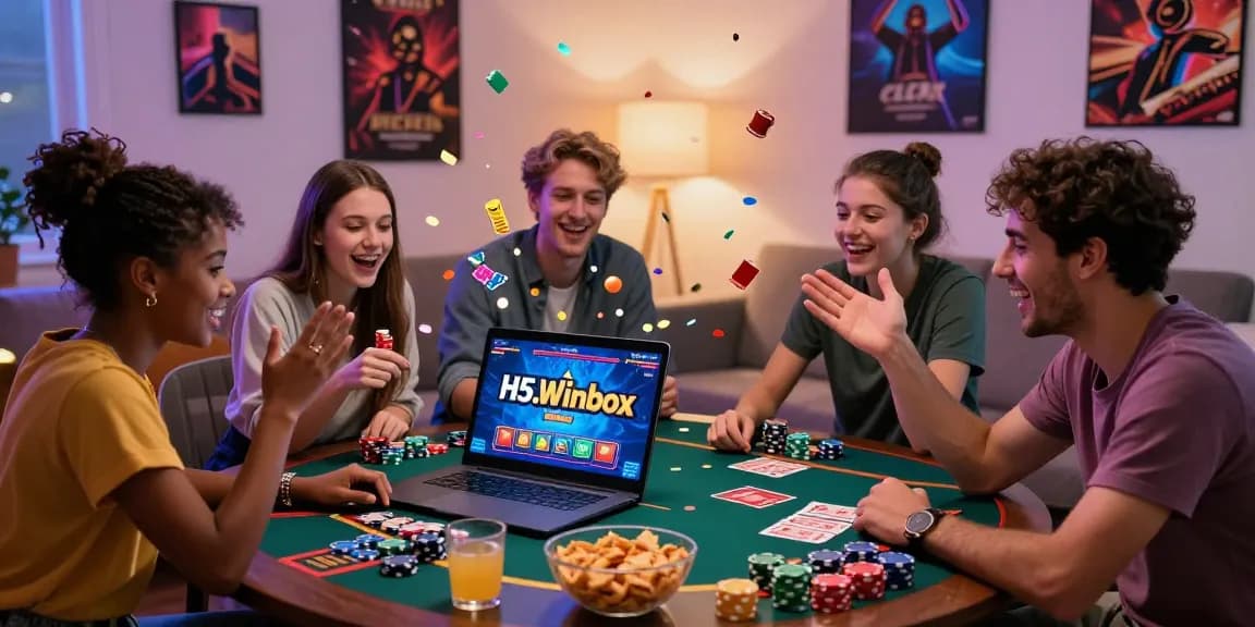 Excited friends logging into H5.Winbox for online gaming fun.