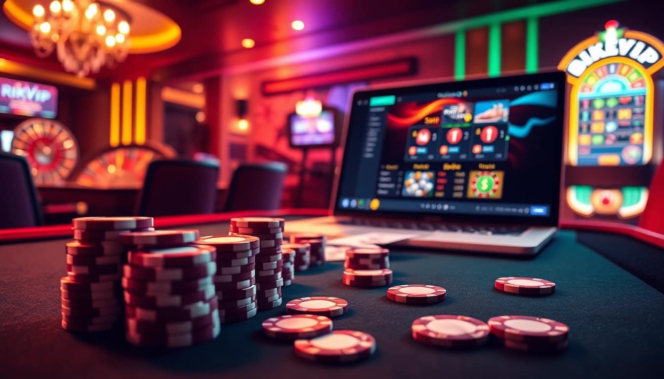 Rikvip players enjoying a high-energy casino experience featuring poker tables and online gambling interfaces.