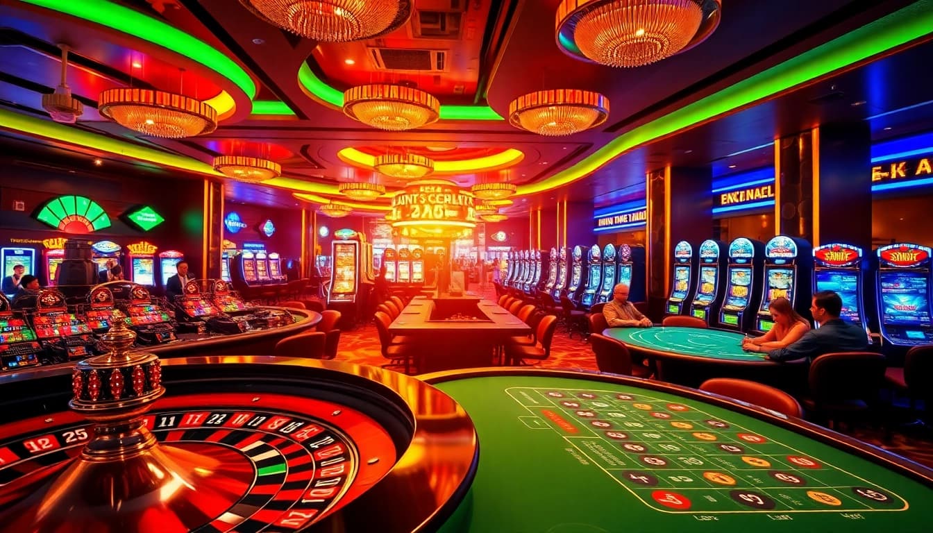 Engage with sbobet link login at a luxurious casino featuring roulette, poker tables, and colorful slot machines.