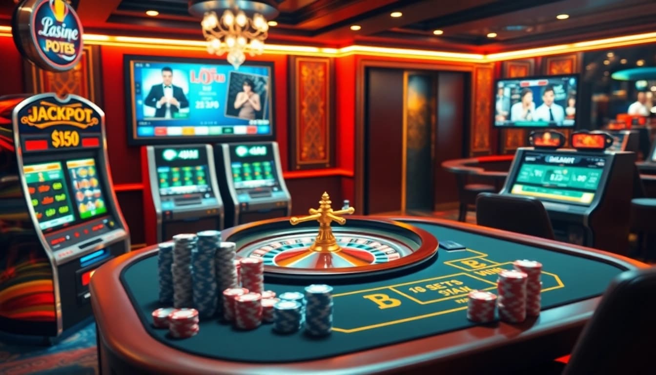 Nổ Hũ Đổi Thưởng scene featuring luxurious online slot machines, vibrant casino ambiance.