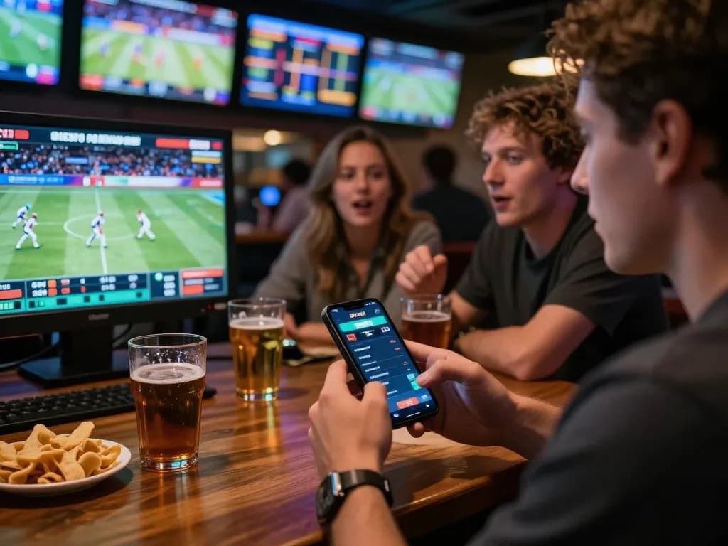 Engaged sports bettor using the Bsport app with friends in a lively sports bar atmosphere.